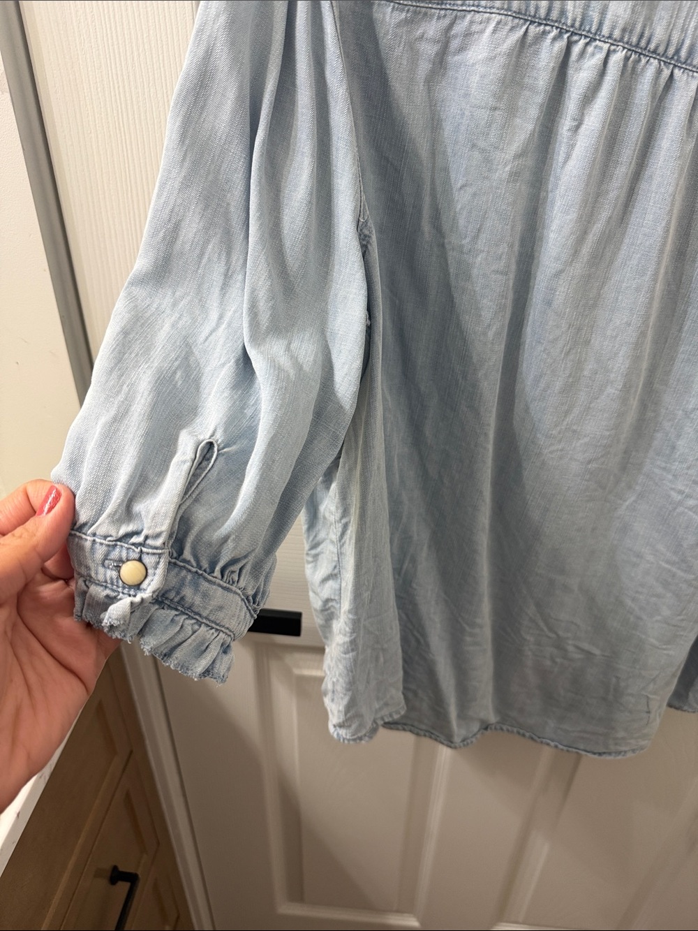 Democracy Light Blue Ruffle Collar Button-Front Shirt - Picture 3 of 4